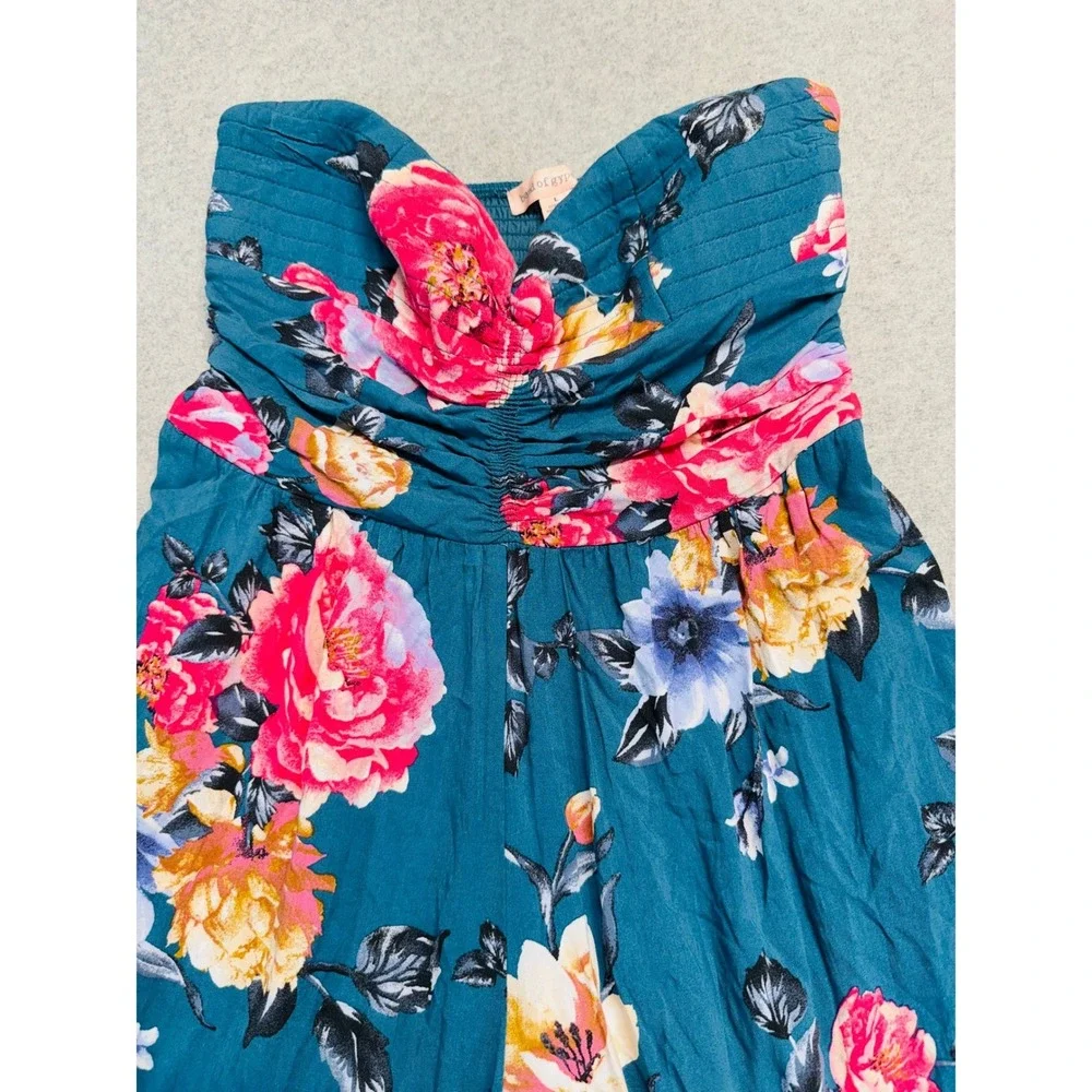 Heart Of Gypsy Jumpsuit Womens Large Teal Blue Floral Strapless Wide‎ Leg Boho